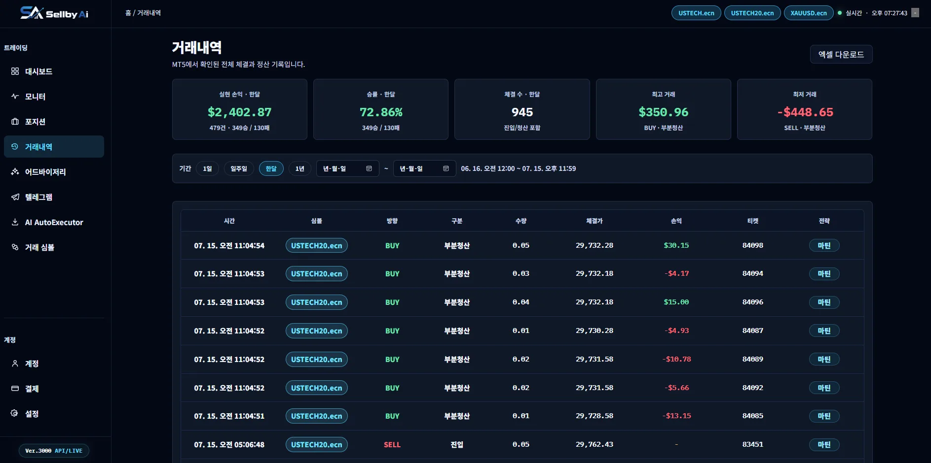 Sellby3000 실시간 MT5 연동 거래내역 대시보드
